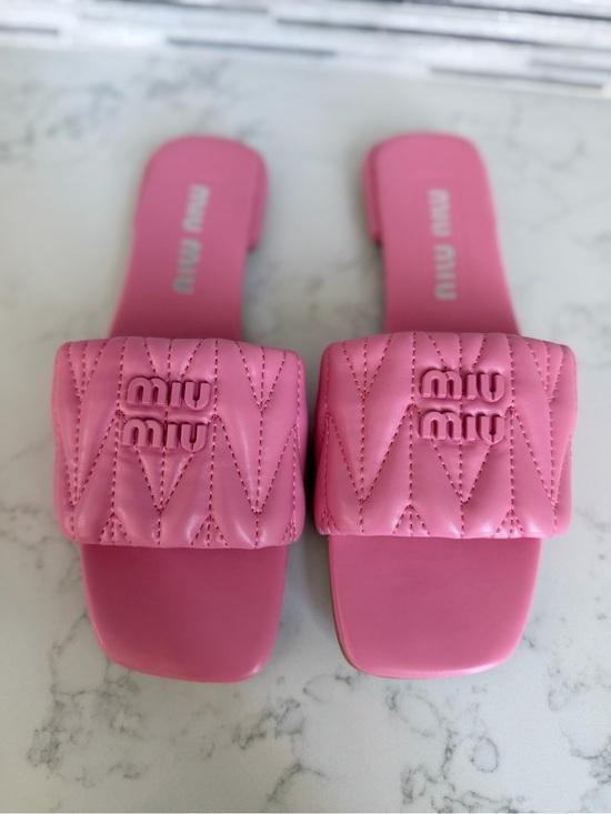 Miu Miu Shoes - Miu Miu Quilted Logo Slide Sandals in Pink size 7